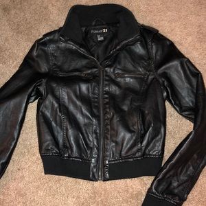 Black leather bomber jacket
